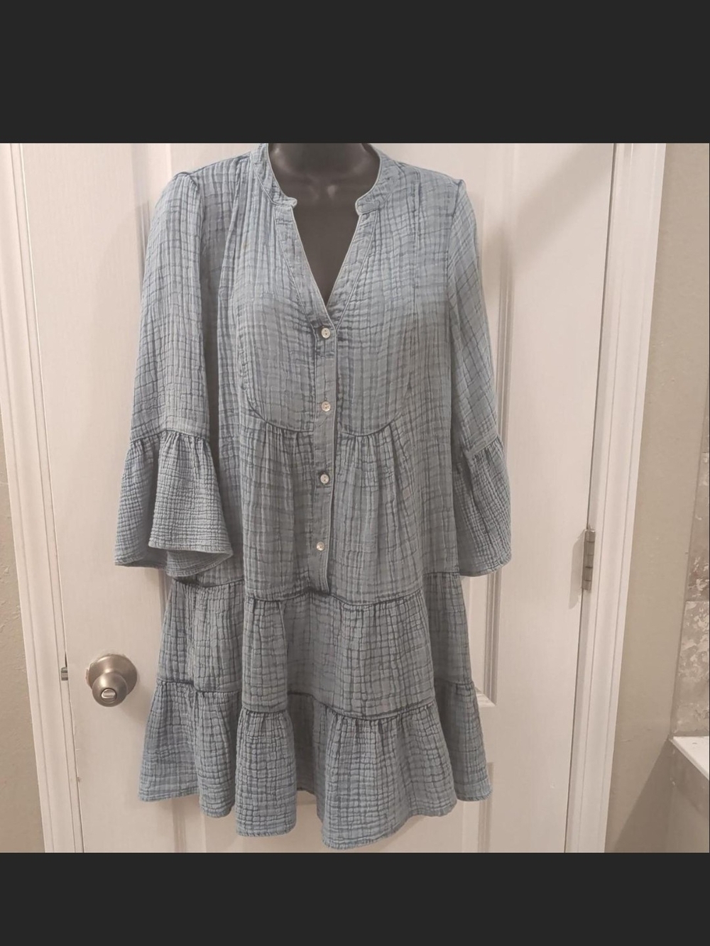 Faherty Pale Blue Tiered Button-Front Mini Dress